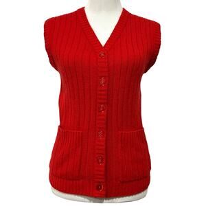 Merville Women’s Sweater Vest Vintage 80s Red Button Front V-Neck Pockets Sz M